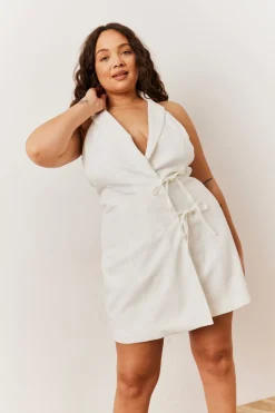 White Tailored Halterneck Mini Dress with Bow Detail