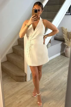 White Tailored Halterneck Mini Dress with Bow Detail