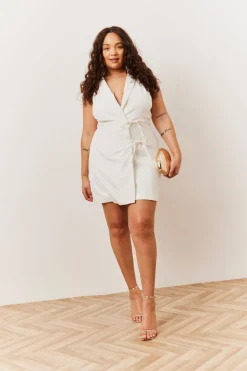 White Tailored Halterneck Mini Dress with Bow Detail