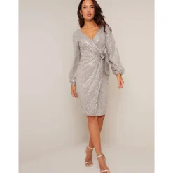 Wrap Design Sequin Party Dress in Silver