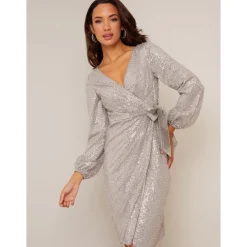 Wrap Design Sequin Party Dress in Silver