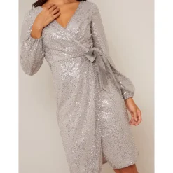 Wrap Design Sequin Party Dress in Silver