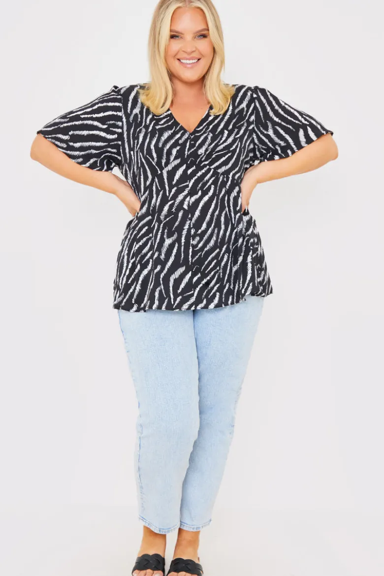 Zebra Plunge Button Front Blouse With Shirred Cuffs