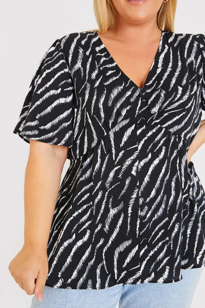 Zebra Plunge Button Front Blouse With Shirred Cuffs