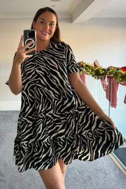Zebra Smock Dress With Frill Sleeve