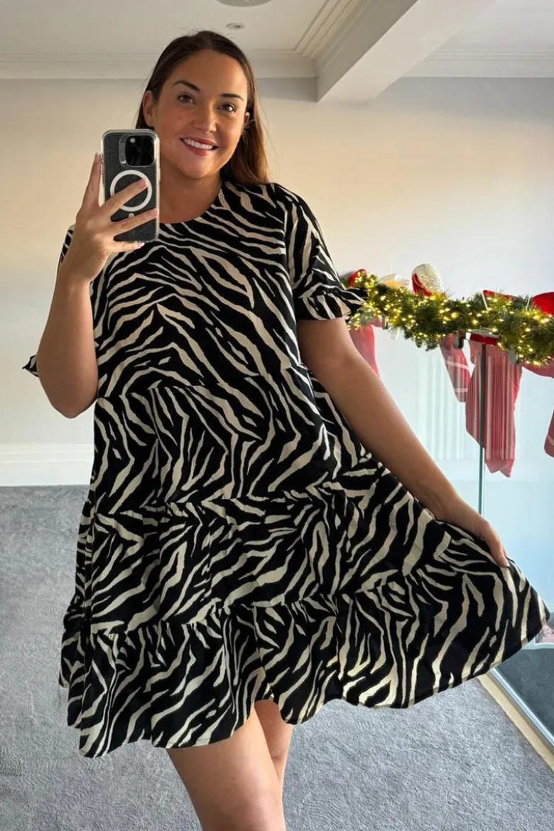Zebra Smock Dress With Frill Sleeve