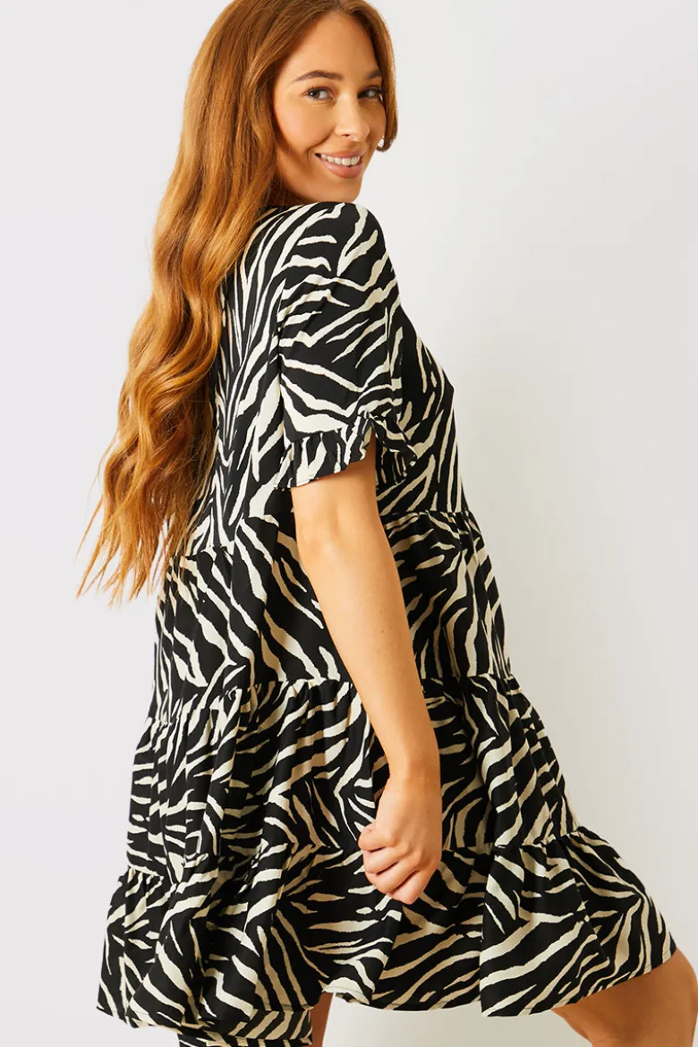 Zebra Smock Dress With Frill Sleeve