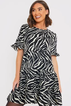 Zebra Smock Dress With Frill Sleeve