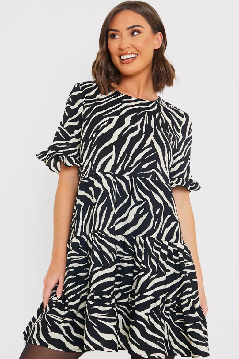Zebra Smock Dress With Frill Sleeve