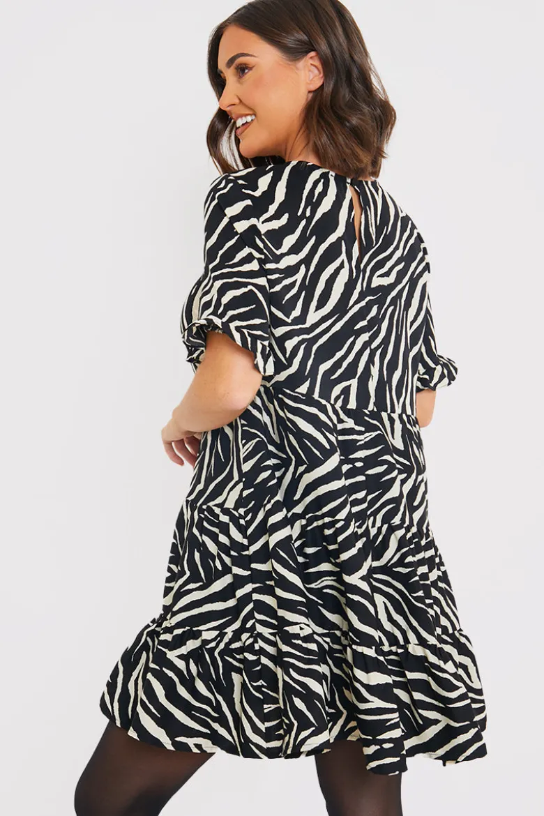 Zebra Smock Dress With Frill Sleeve