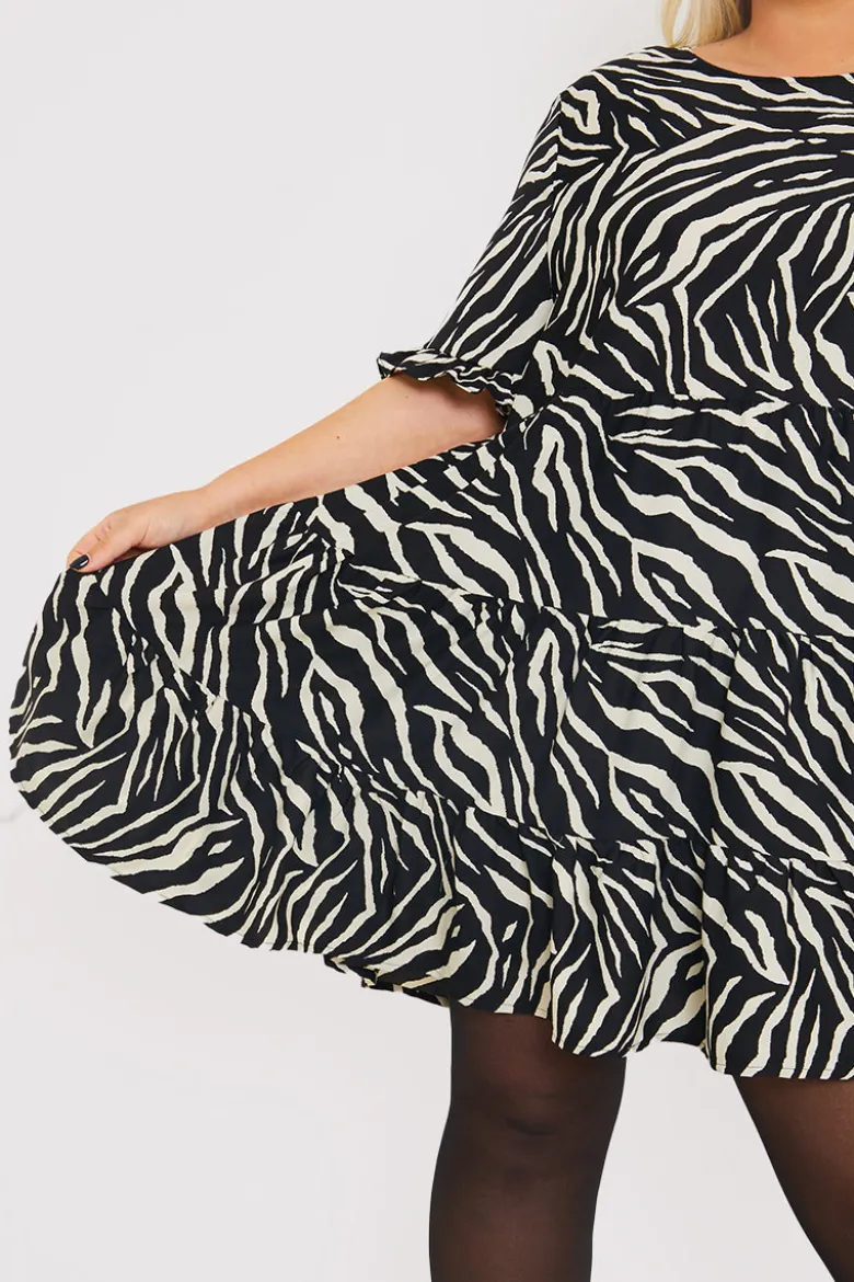 Zebra Smock Dress With Frill Sleeve
