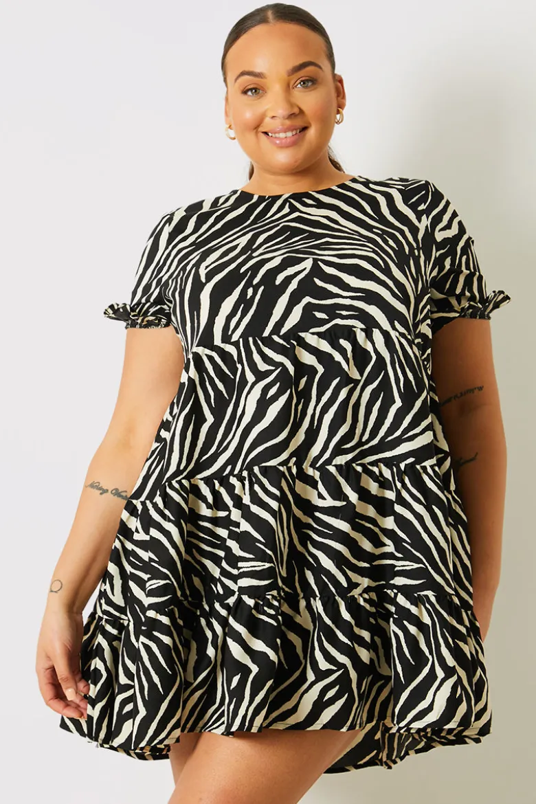 Zebra Smock Dress With Frill Sleeve