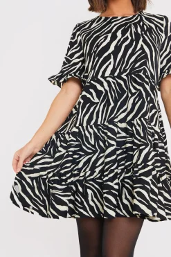 Zebra Smock Dress With Frill Sleeve
