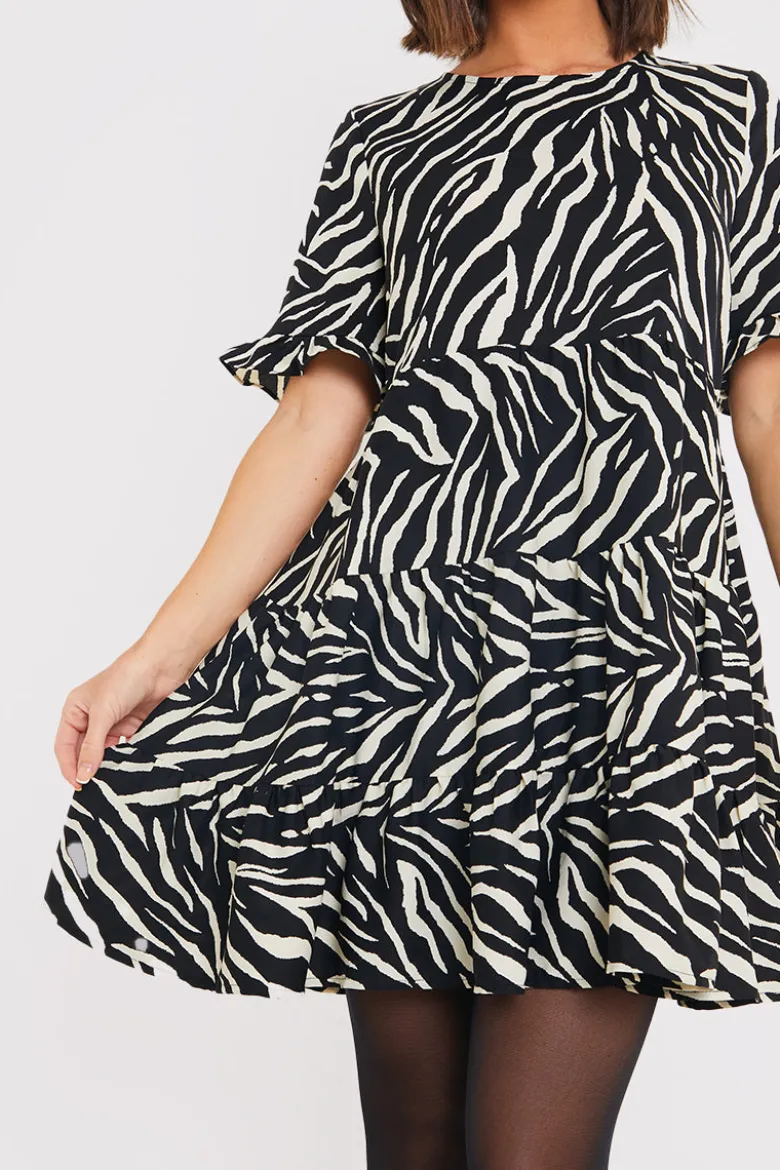 Zebra Smock Dress With Frill Sleeve