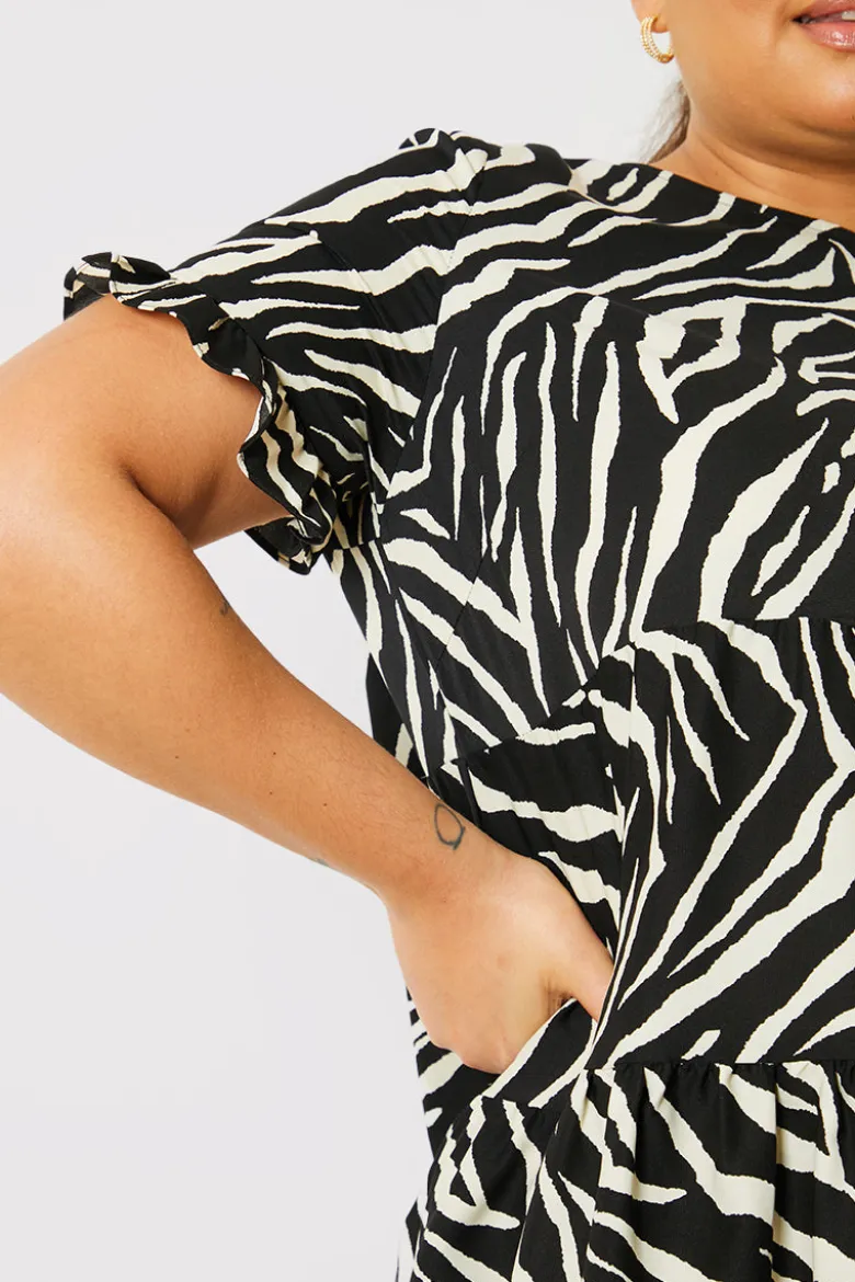 Zebra Smock Dress With Frill Sleeve