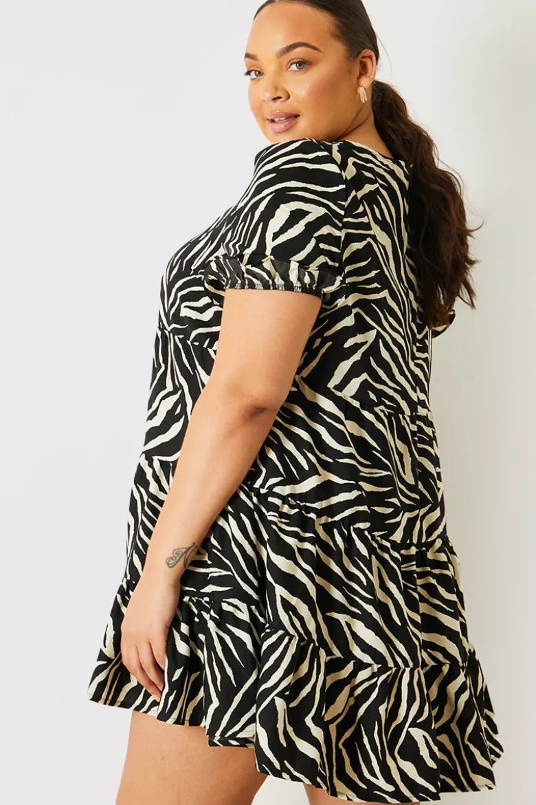 Zebra Smock Dress With Frill Sleeve