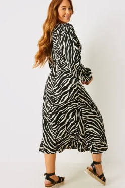 Zebra Woven Printed Wrap Midi Dress