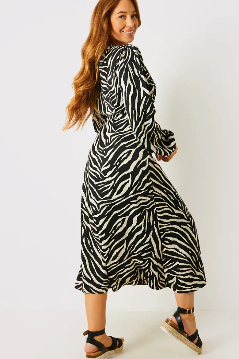 Zebra Woven Printed Wrap Midi Dress