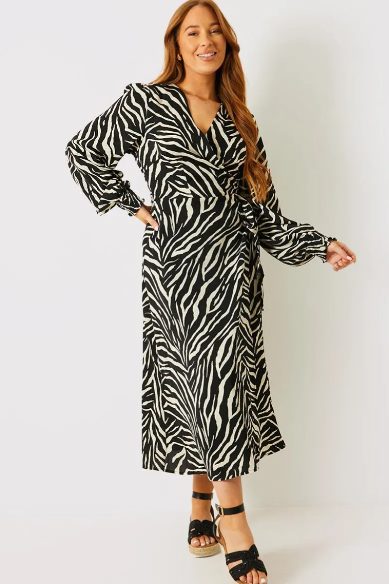 Zebra Woven Printed Wrap Midi Dress