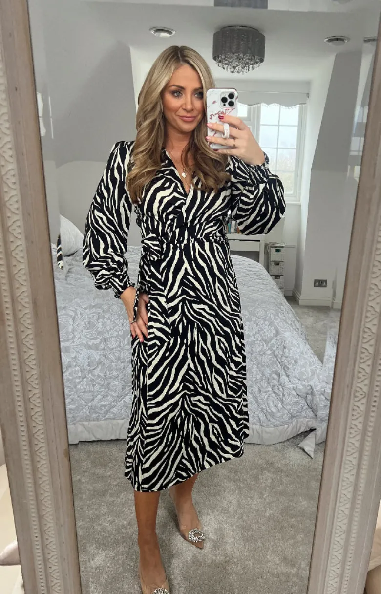 Zebra Woven Printed Wrap Midi Dress
