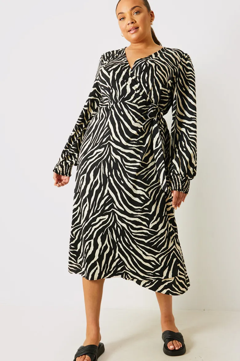 Zebra Woven Printed Wrap Midi Dress