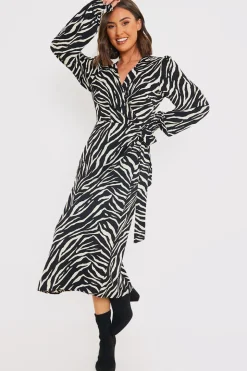 Zebra Woven Printed Wrap Midi Dress