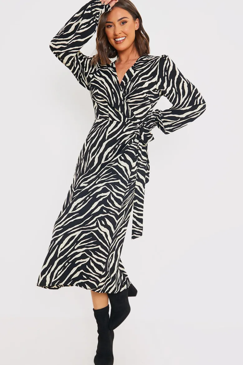 Zebra Woven Printed Wrap Midi Dress