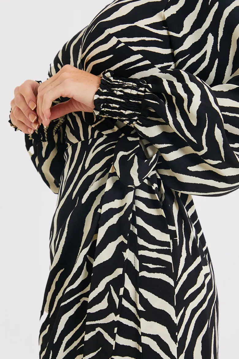 Zebra Woven Printed Wrap Midi Dress