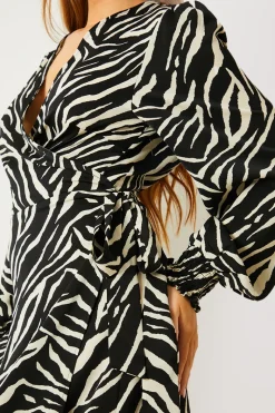 Zebra Woven Printed Wrap Midi Dress