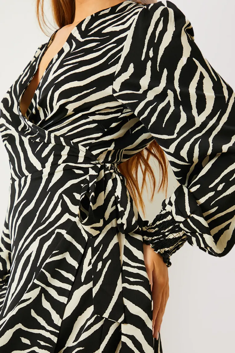 Zebra Woven Printed Wrap Midi Dress