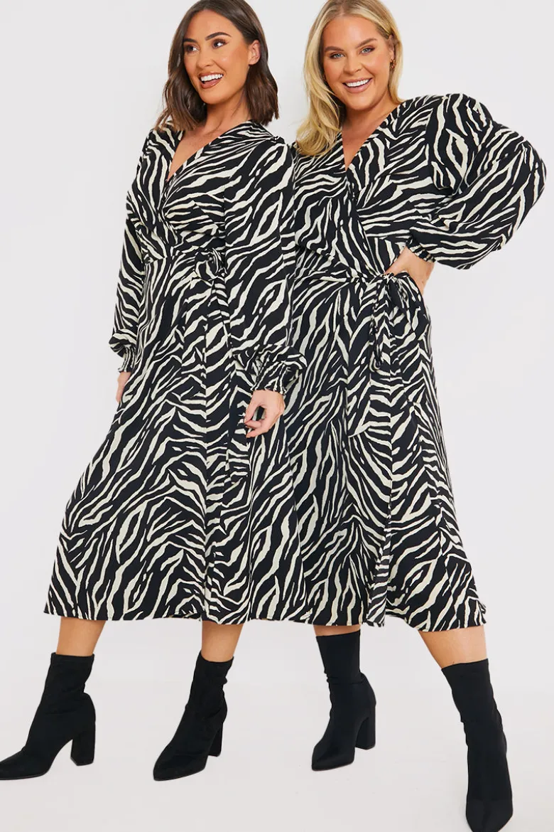 Zebra Woven Printed Wrap Midi Dress