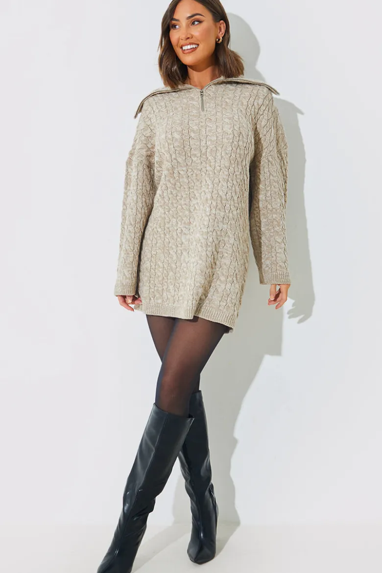 Zip Up Cable Knit Mini Dress